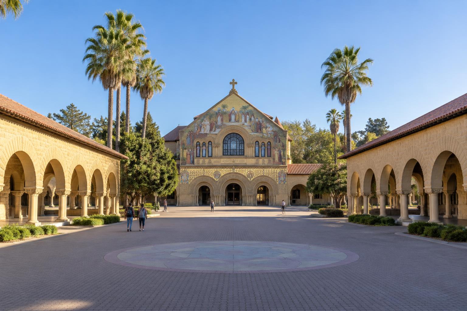 Illustration of Stanford's main courtyard and Memorial Church with California palm trees