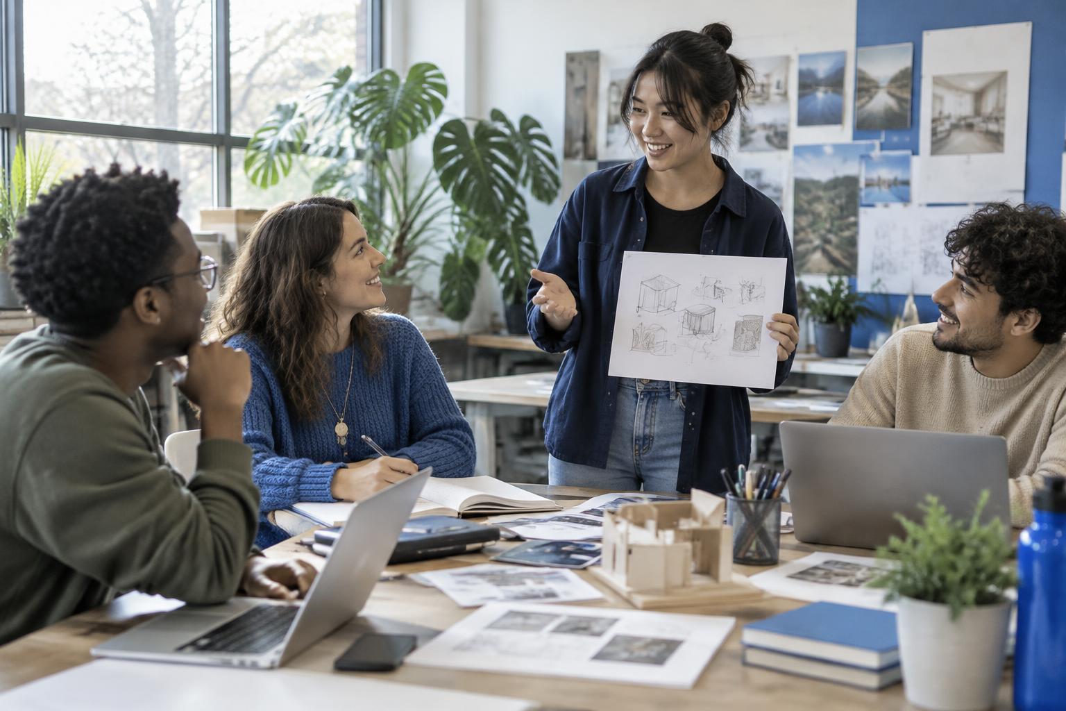 Illustration of students collaborating on a project around a campus studio table